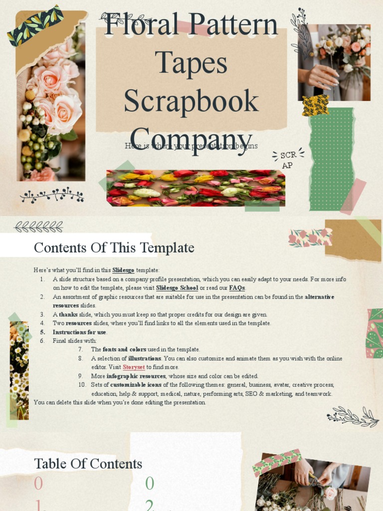 Floral Pattern Tapes Scrapbook Company Profile by Slidesgo PDF