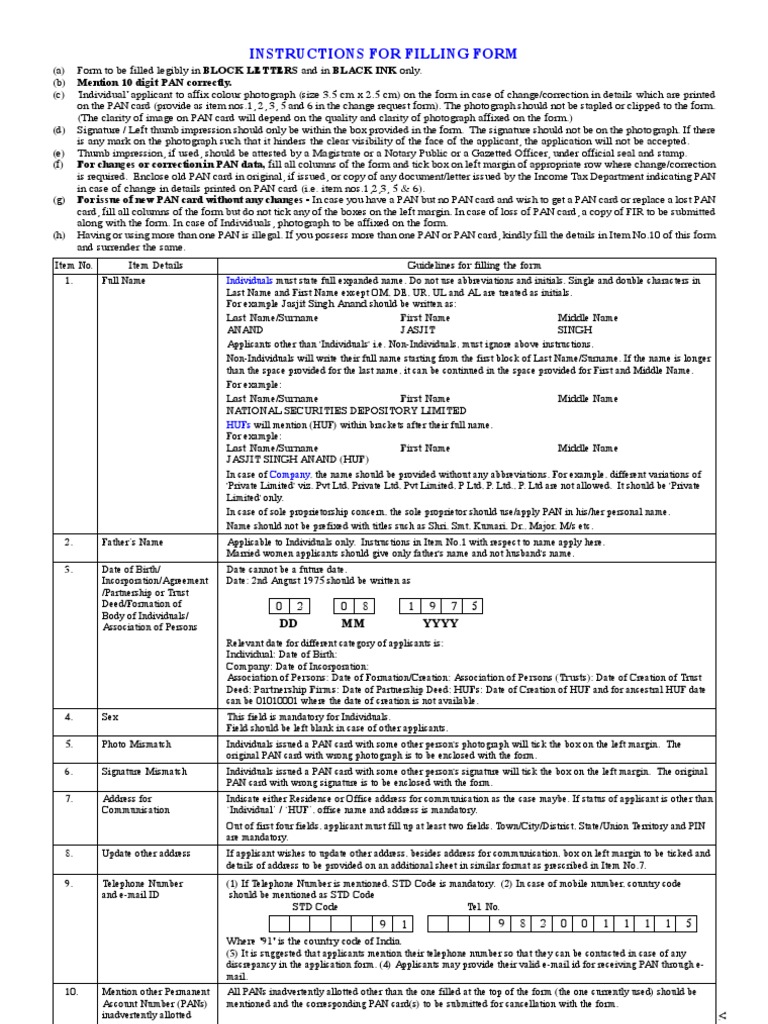 PAN Card Form Filling Instructions | PDF