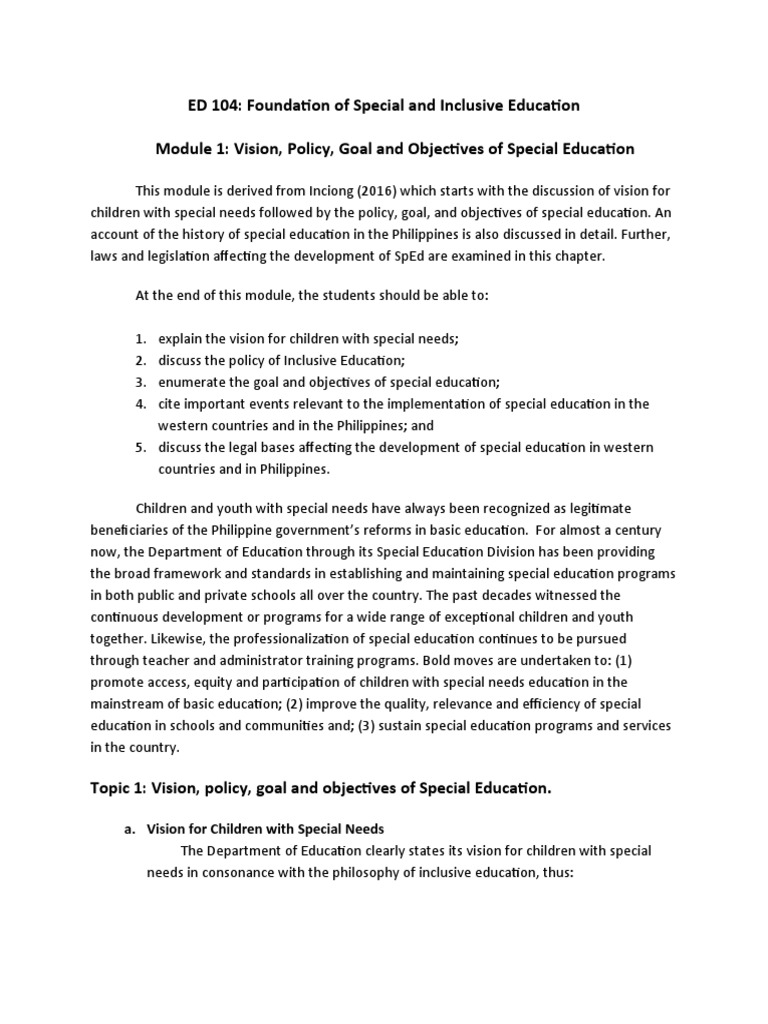 ED 104 Module 1 Vision, Policy, Goal and Objectives of Special