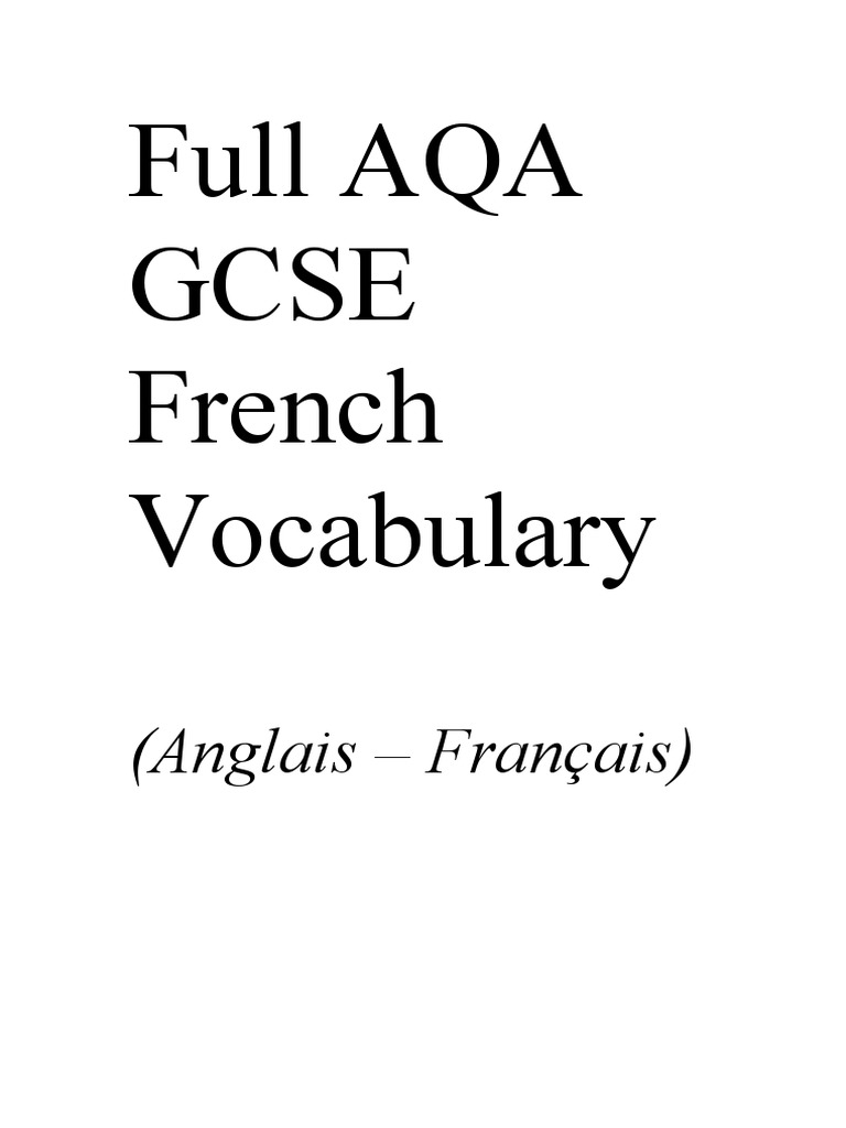 English To French Full AQA GCSE French Vocabulary PDF