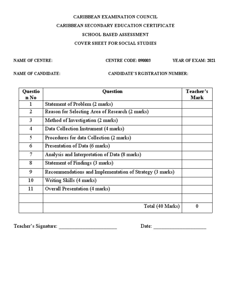 Social Studies SBA Mark Scheme PDF
