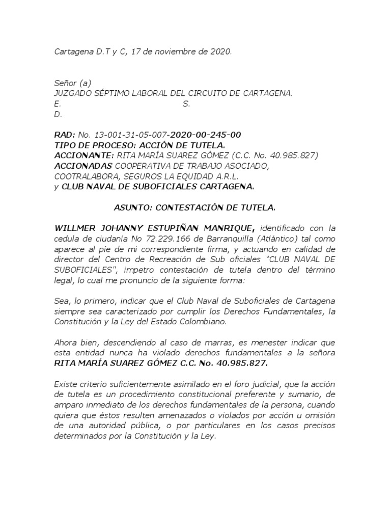 Contestación a Acción de Tutela | PDF | Jurisdicción | Derecho ...