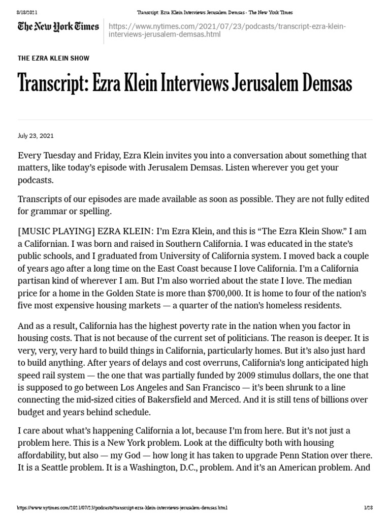 Ezra Klein Interviews Jerusalem Demsas Infrastructure Transcript | PDF ...