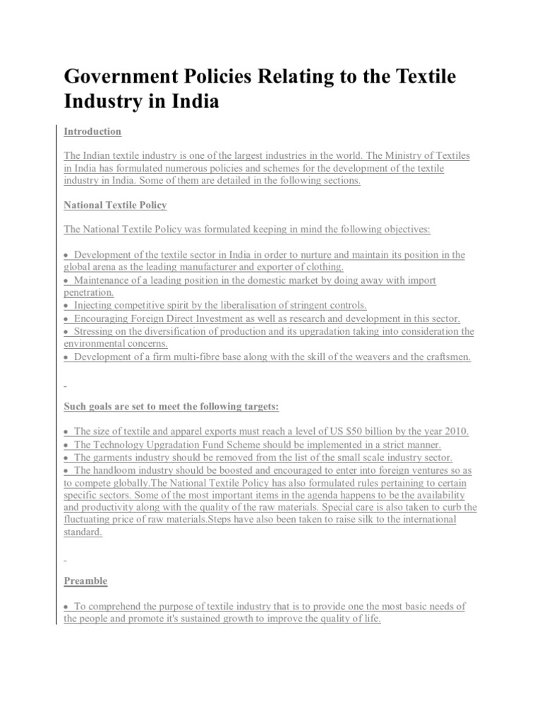 Government Policies Relating To The Textile Industry in India | PDF ...