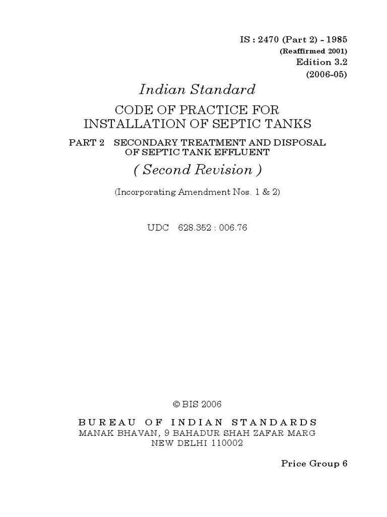 Indian Standard: Code of Practice For Installation of Septic Tanks ...