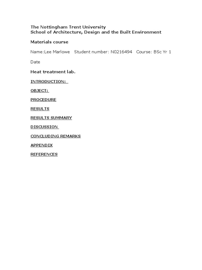 Nottingham Trent Heat Treatment Lab Report | PDF | Technology & Engineering