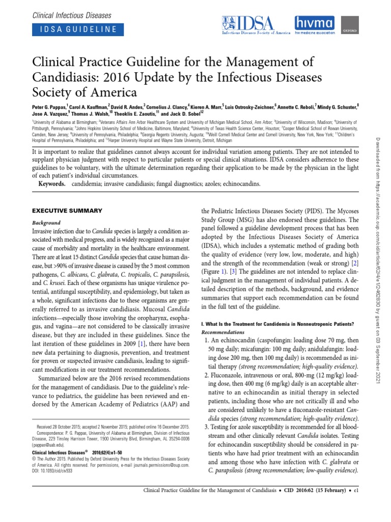 Clinical Practice Guideline For The Management of Candidiasis 2016