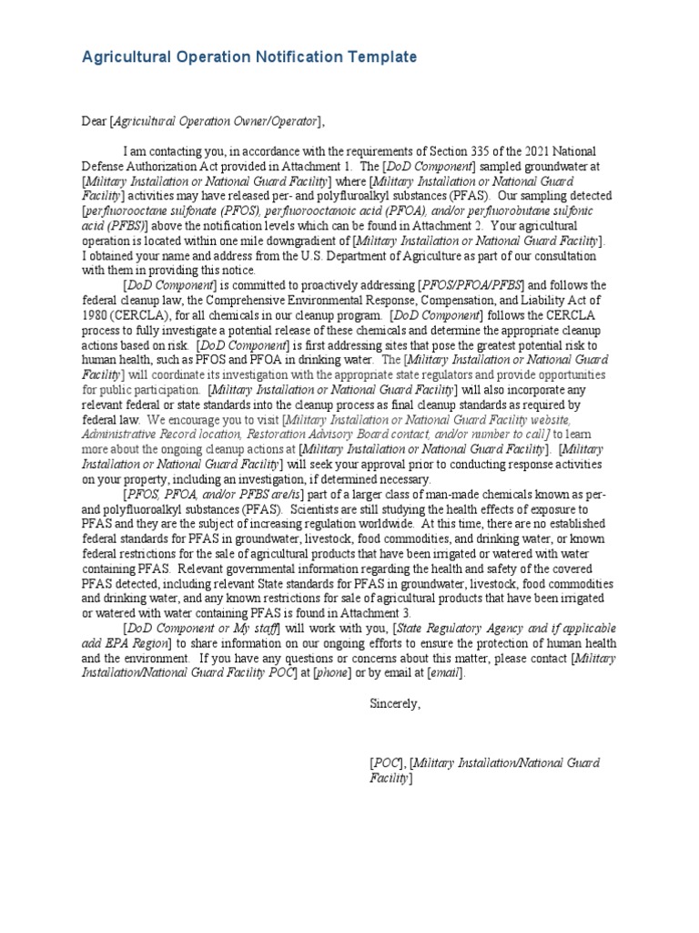 DoD Agricultural Operation Notification Template | PDF | Superfund | Safety