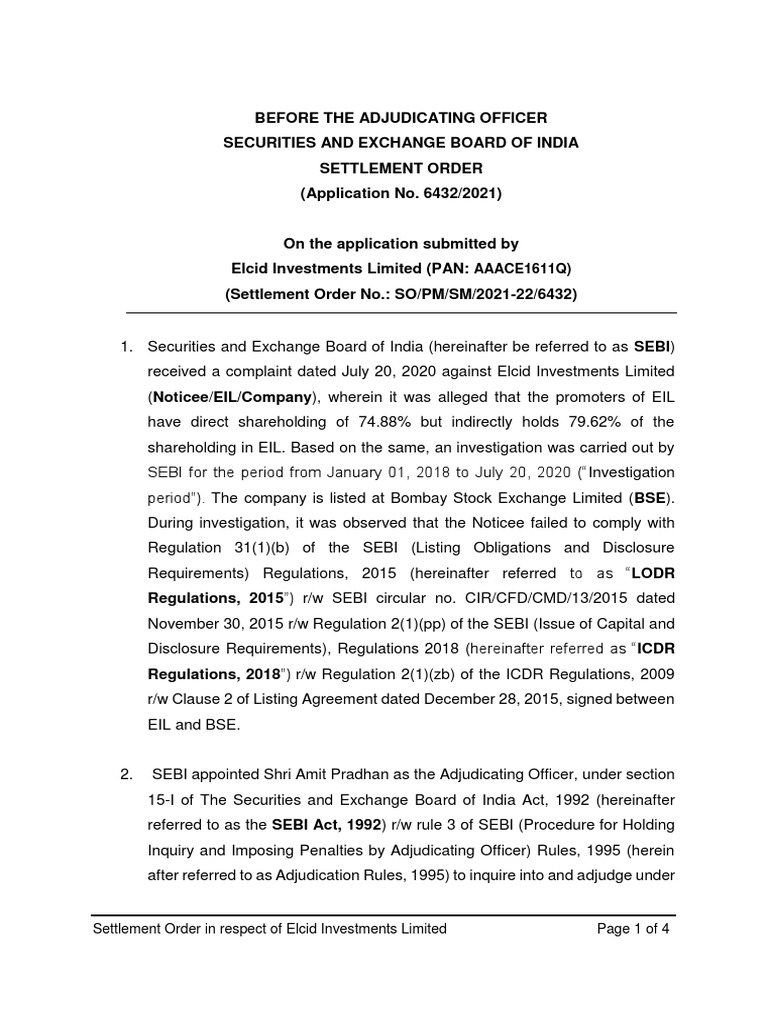 AAACE1611Q) Settlement Order in Respect of Elcid Investments Limited