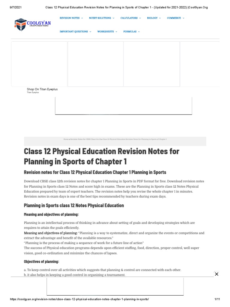 Class 12 Physical Education Notes Chapter 1 Planning in Sports - Learn CBSE