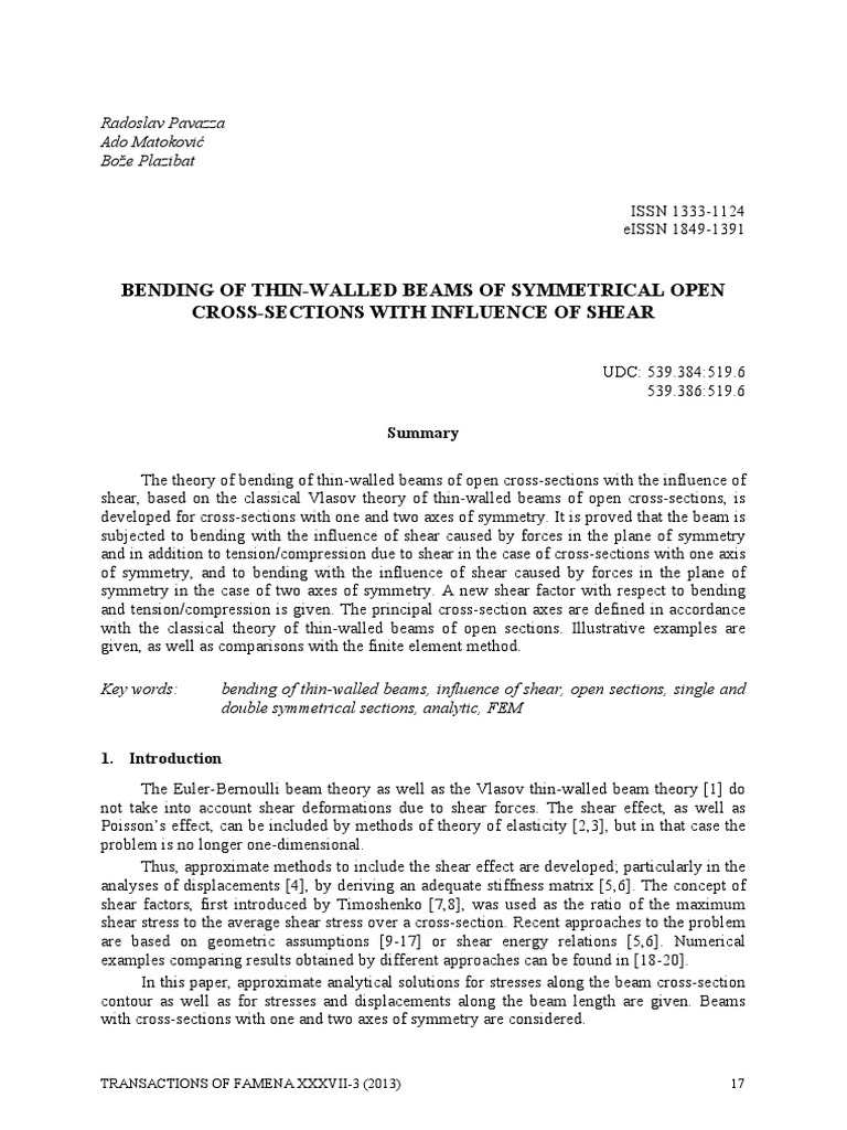 Bending of Thin-Walled Beams of Symmetrical Open Crosssections | PDF ...