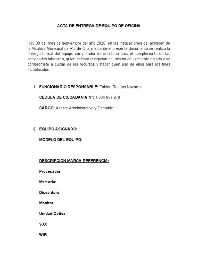 Acta de Entrega de Equipo de Oficina Viejos | PDF | Negocios | Informática