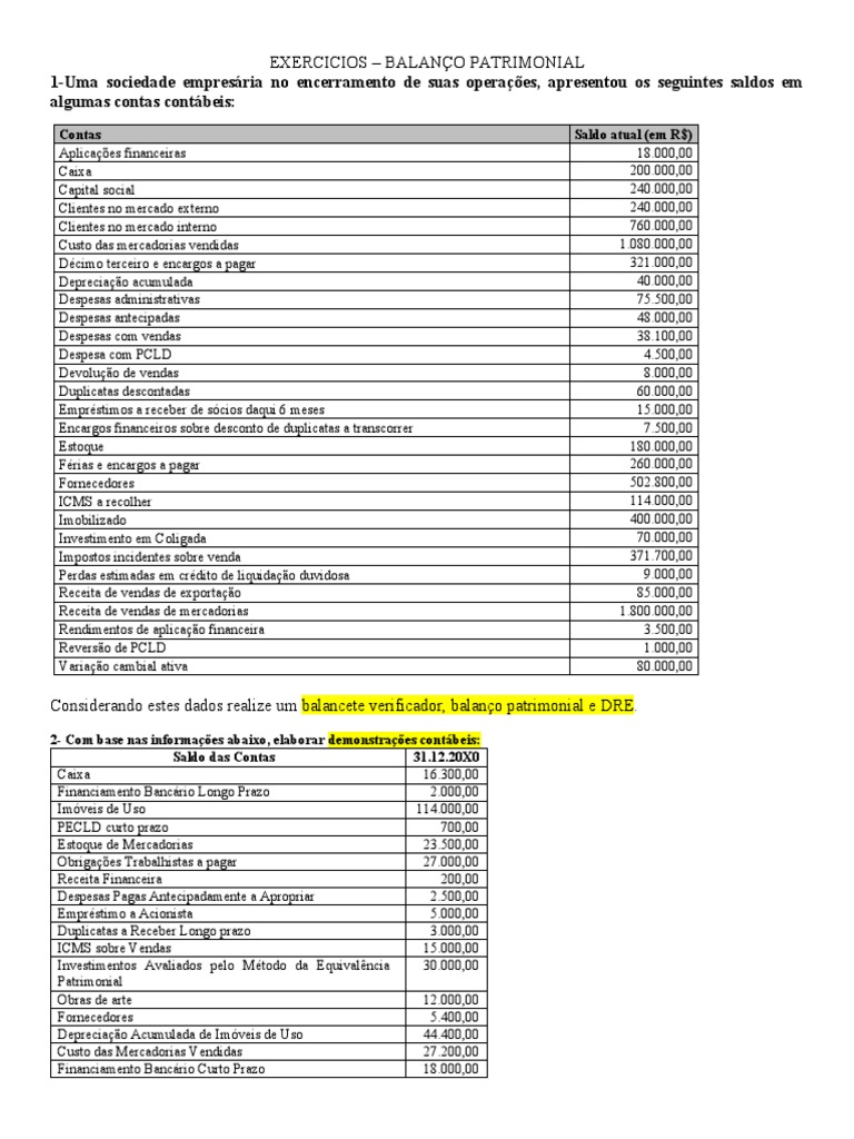 Balanço Patrimonial - Exercícios | PDF | Empréstimos | Contabilidade