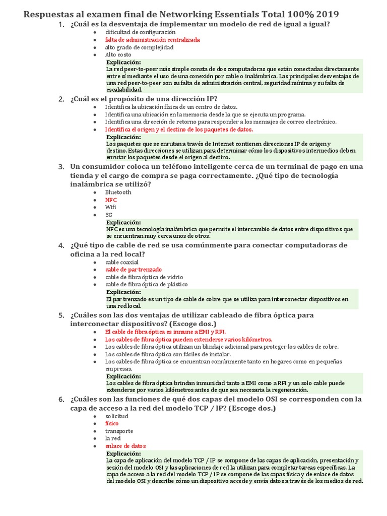Respuestas Al Examen Final de Networking Essentials Total 100 PDF Dirección IP Red de