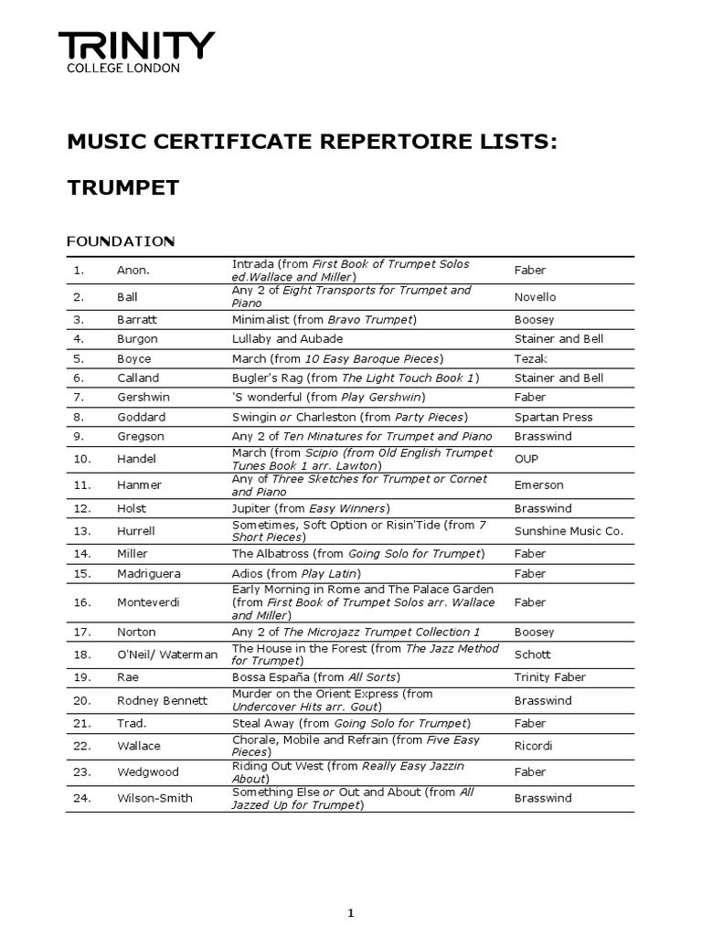 Music Certificate Repertoire Lists: Trumpet: Foundation | Download Free ...