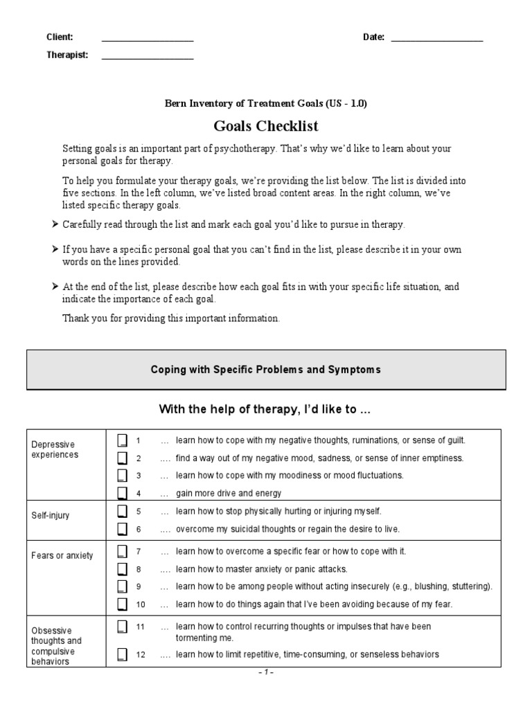 Goals Checklist: Bern Inventory of Treatment Goals (US - 1.0) | PDF ...