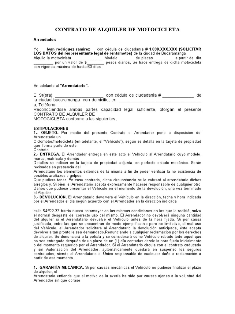 Contrato de Alquiler de Motocicleta | PDF | Póliza de seguros | Neumático