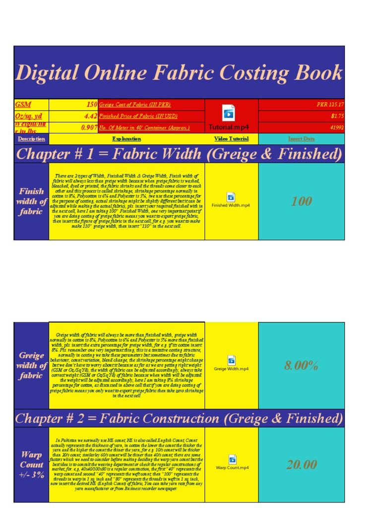 Digital Online Fabric Costing Book Chapter 1 Fabric Width (Greige