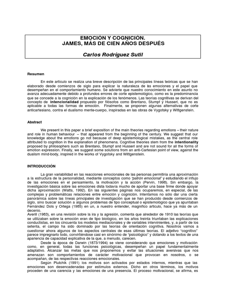 Emoción y Cognición: Teorías de James | PDF | Las emociones | Sicología