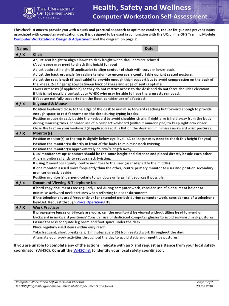 Computer Workstation Checklist PDF Chair Manufactured Goods