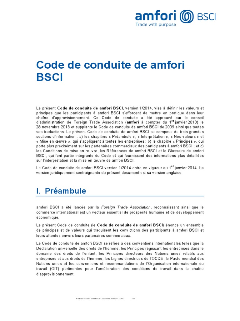 Amfori BSCI Code of Conduct - FR | PDF | Sécurité | Santé et sécurité ...