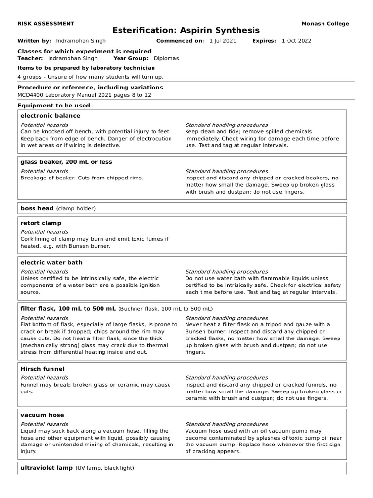 Esterification A Risk Assessment for the Synthesis of Aspirin PDF