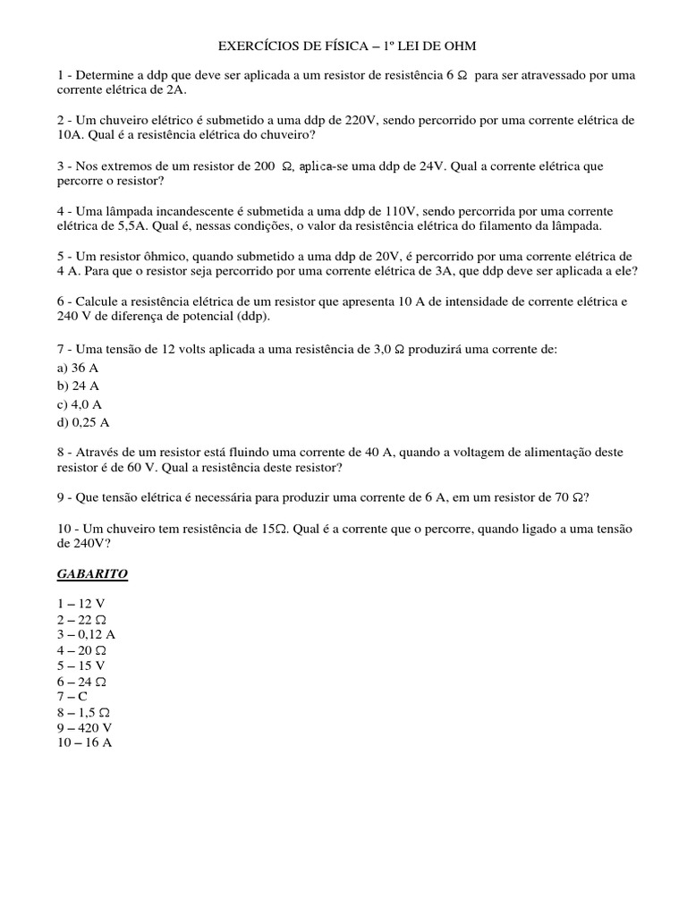 Exercícios Resolvidos: 1ª Lei de Ohm | PDF