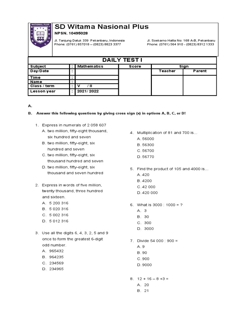 SD Witama Nasional Plus: Daily Test I | PDF | Mathematics