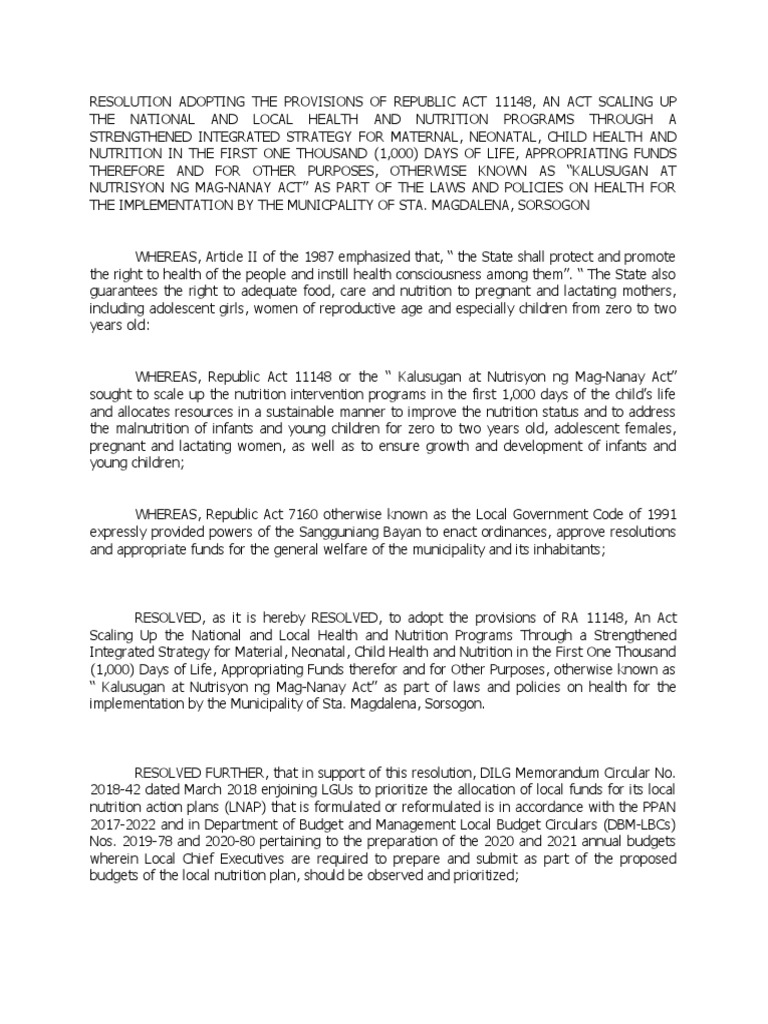 Resolution adopting republic act 11148 or the kalusugan at nutrisyon