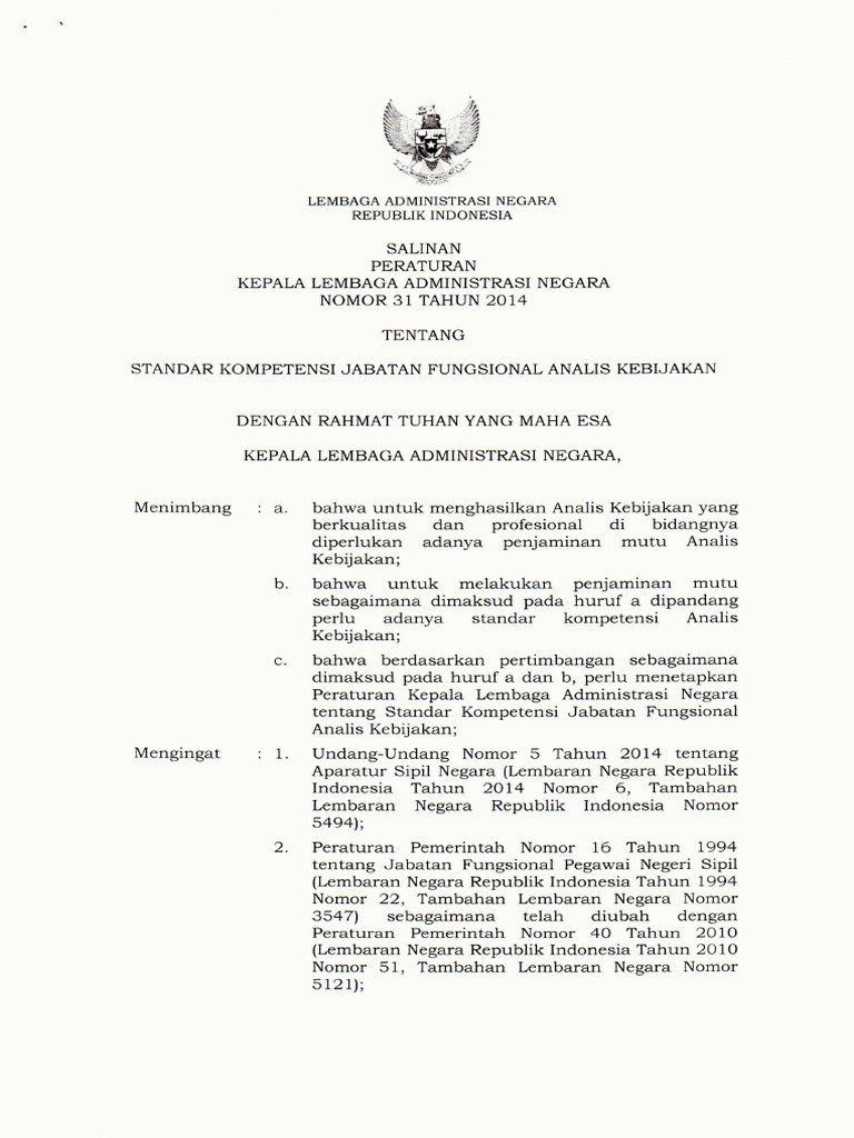 Peraturan Kepala Lan No. 31 Tahun 2014 Tentang Standar Kompetensi