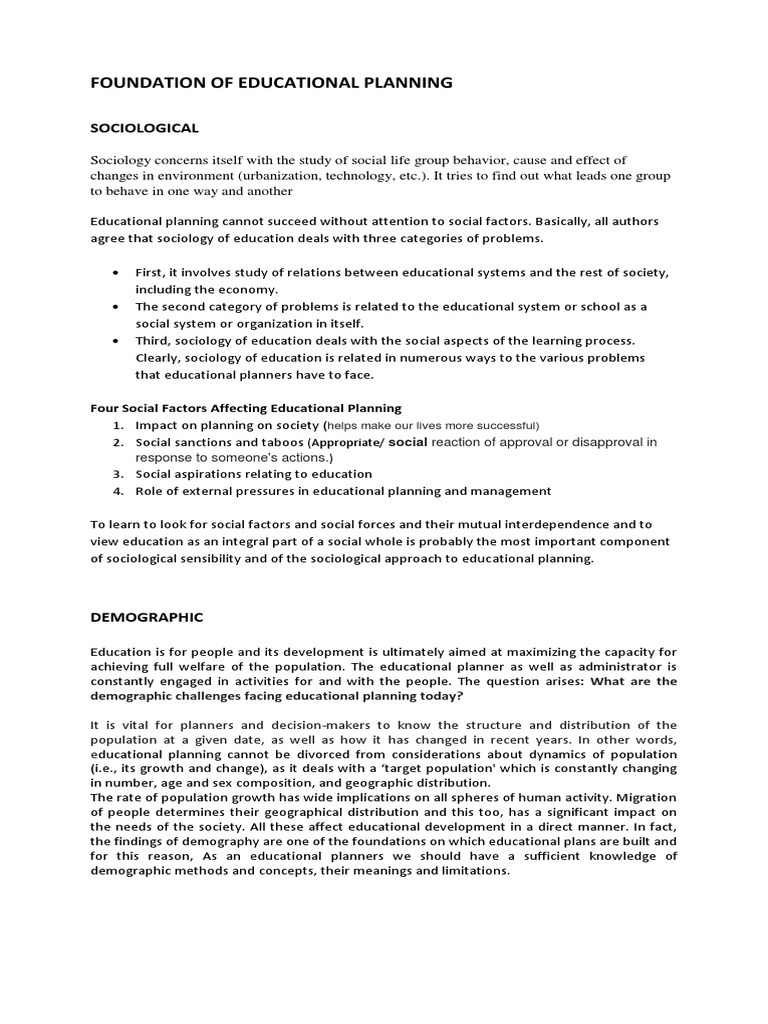 Foundation of Educational Planning PDF Sociology Economics