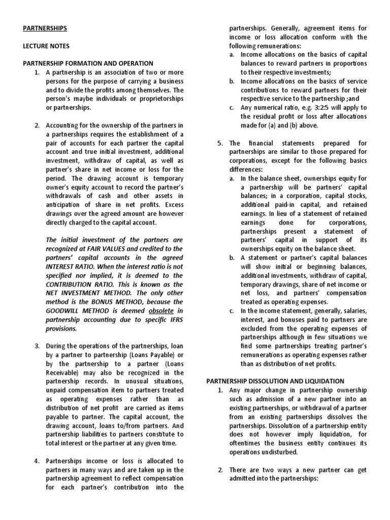 Partnerships Lecture Notes Partnership Formation and Operation | PDF ...