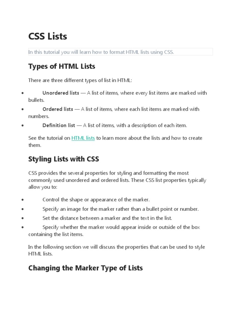 CSS Lists: Types of HTML Lists | PDF | Html Element | Html