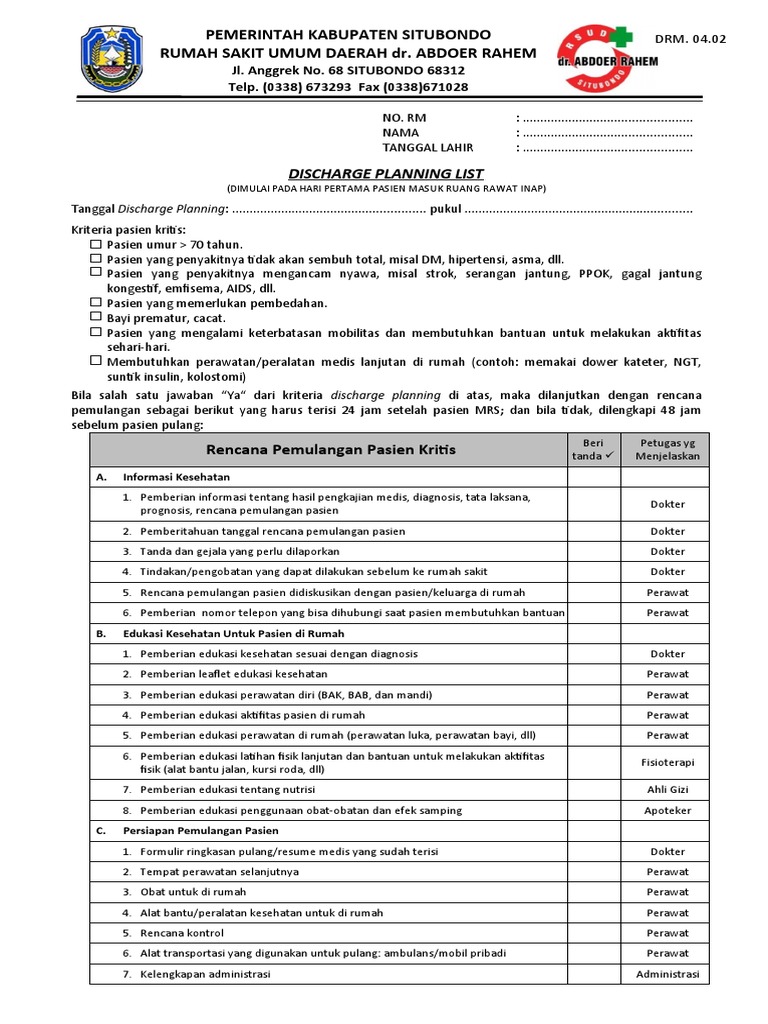 Form Discharge Planning | PDF