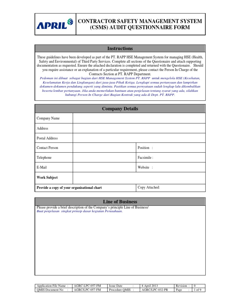 CSMS Audit Questionnaire Form | PDF | Personal Protective Equipment ...