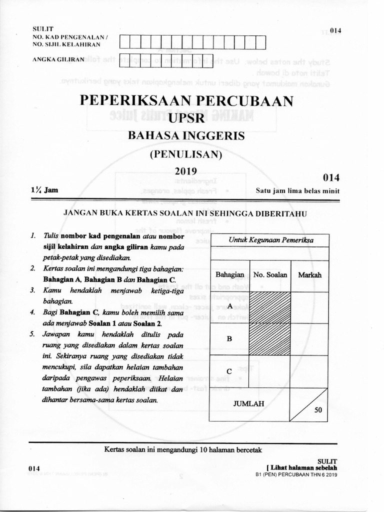 Koleksi Soalan Percubaan Upsr 2019 Semua Negeri Dan Jawapan