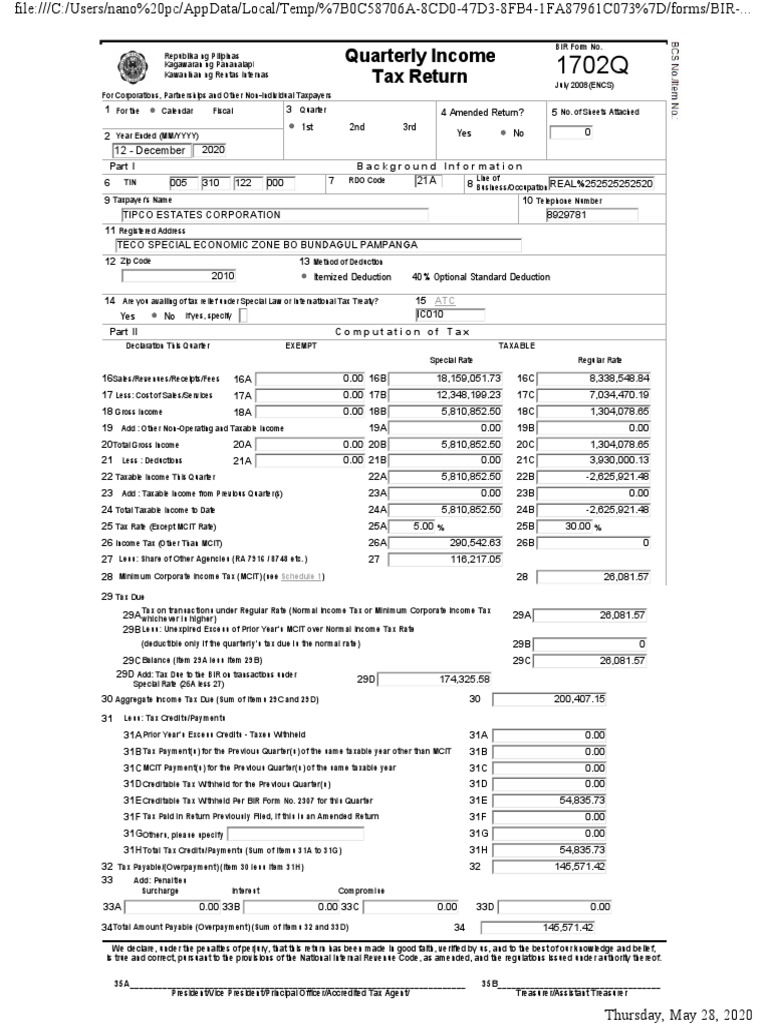 Quarterly Tax Return Schedule 1 PDF Tax Deduction Taxes