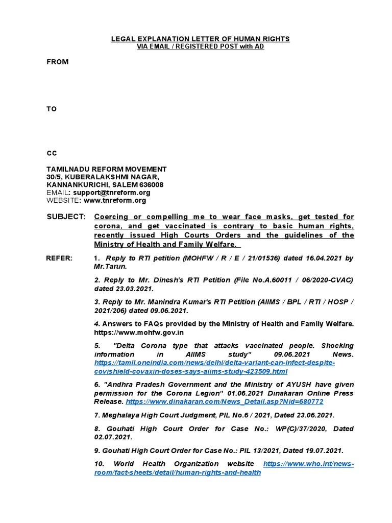 LEGAL EXPLANATION LETTER OF HUMAN RIGHTS - Coercing Face Mask and ...