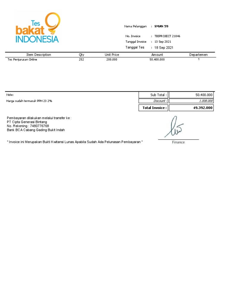 Contoh Invoice dengan PPH 23 | PDF