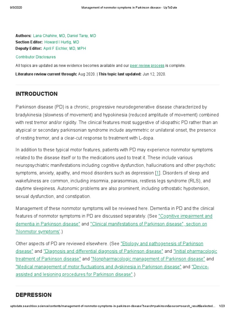 Management of Nonmotor Symptoms in Parkinson Disease UpToDate PDF