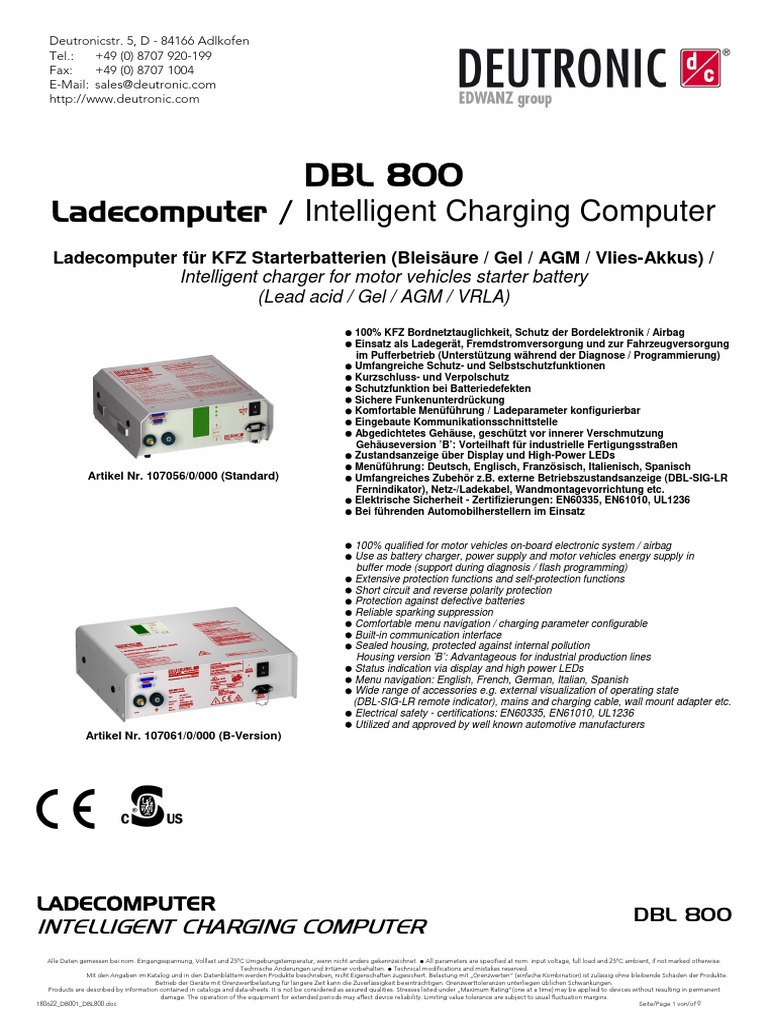 DBL 800 14 Deutronic Battery Charger PDF
