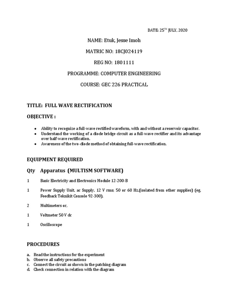 Full Wave Rectification Experiment PDF Rectifier