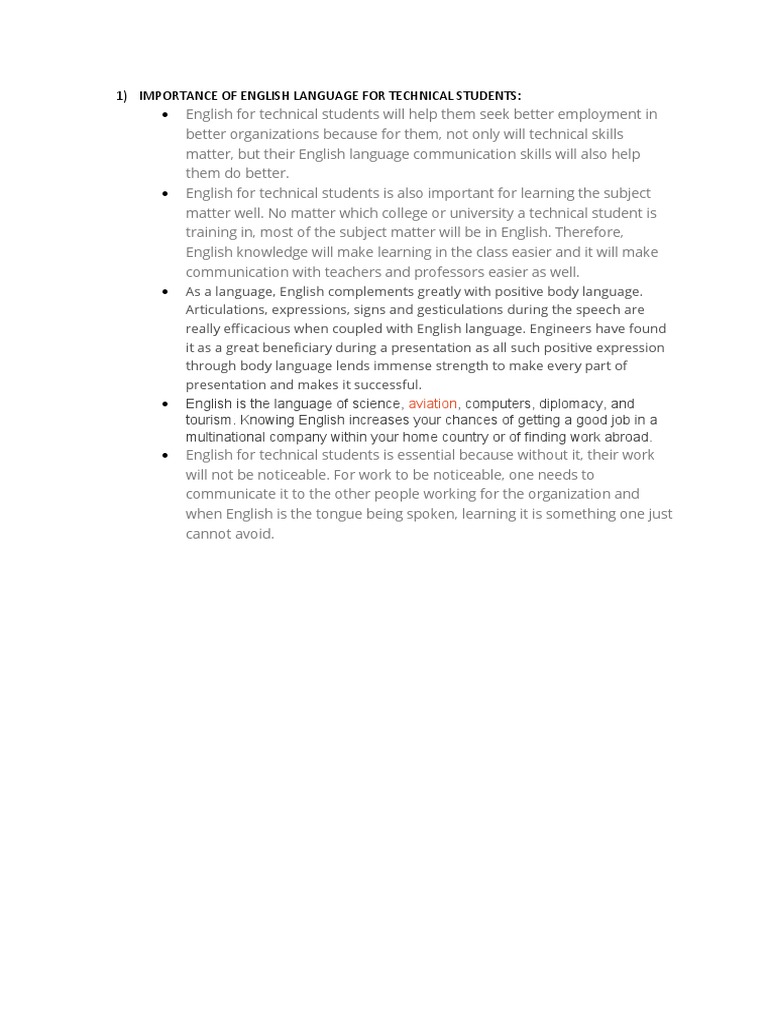 Importance of English Language For Technical Students | PDF