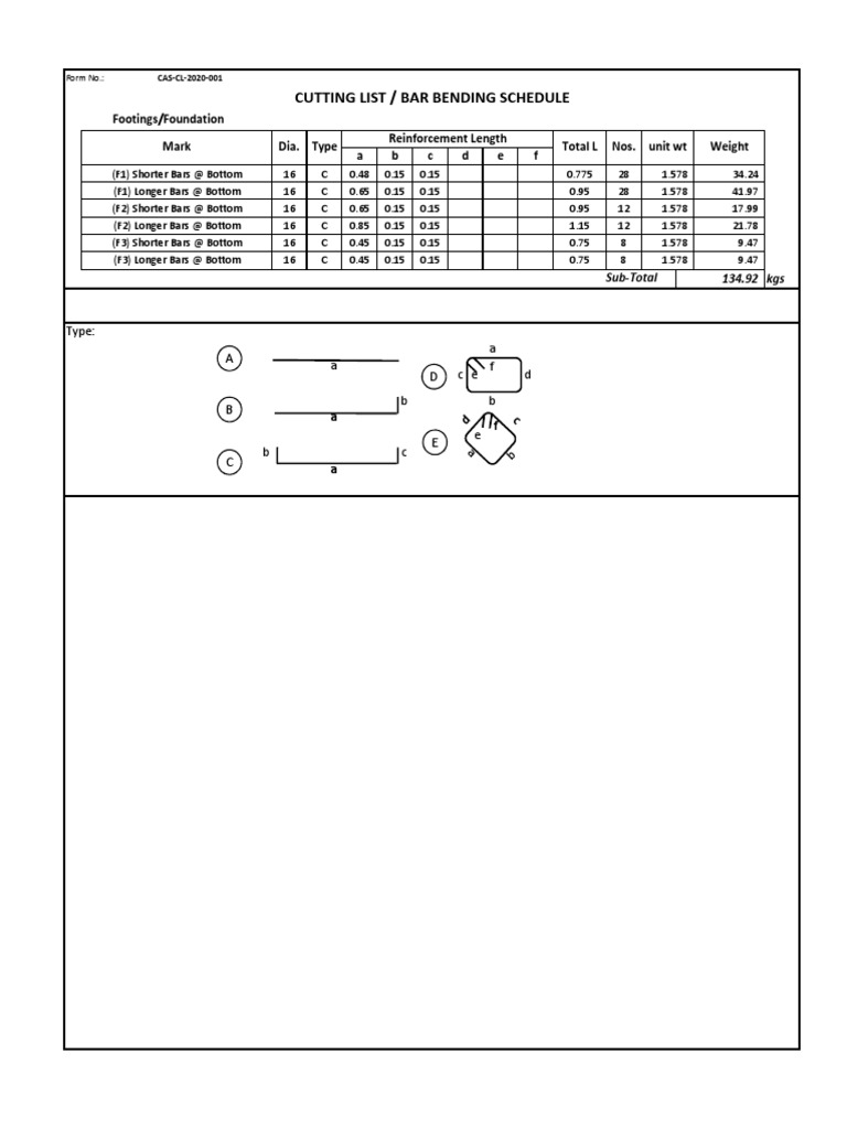 Rebar Cutting List Footings | PDF