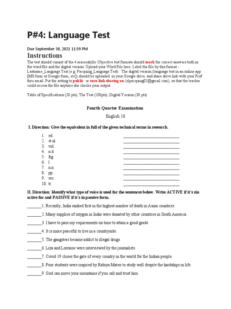 P#4: Language Test: Instructions | PDF | Communication | Cognition