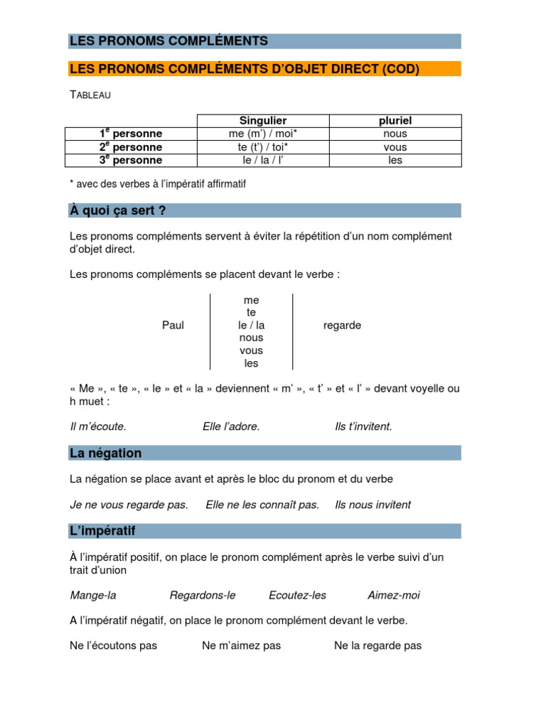 Fiche Pronoms - Cod | PDF