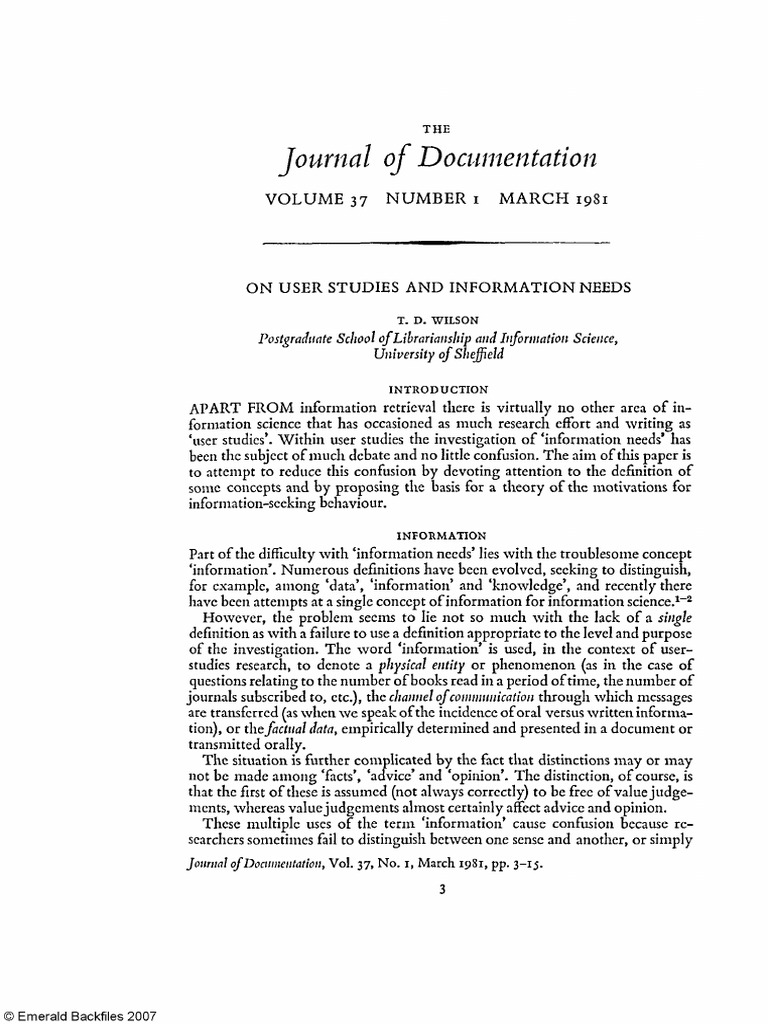 Journal of Documentation Postgraduate School of Librarianship and