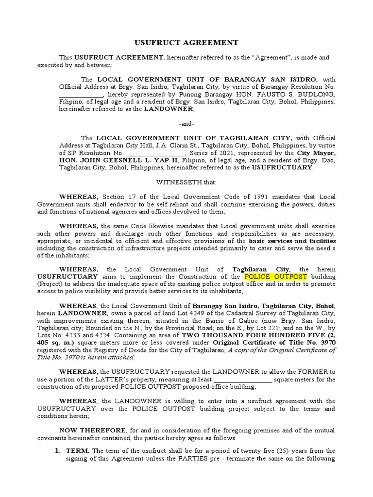 Usufruct Agreement San Isidro | PDF | Property | Civil Law (Legal System)