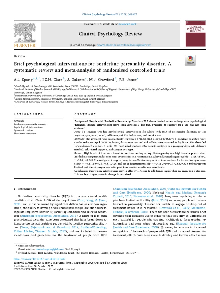 Brief Psychological Interventions For Borderline Personality Disorder