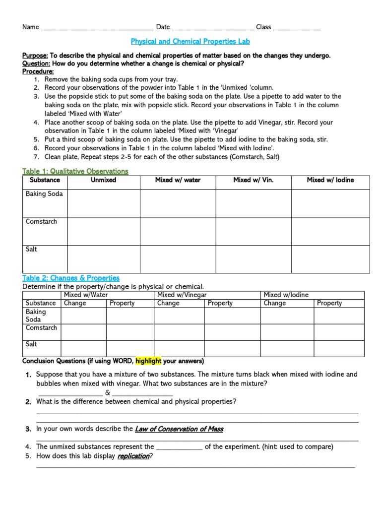 Physical and Chemical Properties Lab | PDF | Chemical Substances ...